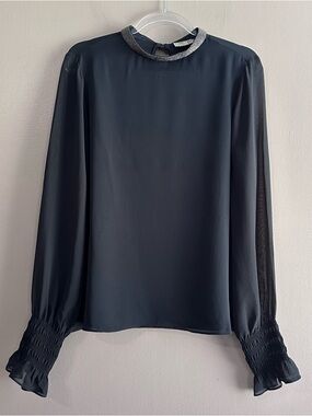 Go by Go Silk Navy Blue Beaded High Neck Smocked Longsleeve Blouse Womens Large